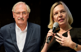 Portrait des Philosophen Axel Honneth, in grauem Jacket und mit weißem Hemd. Daneben ein Portrait der Journalistin Michaela Wiegel, mit einem Mikrophon in der Hand.