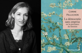 Schwarz-weiß Portrait der Philosophie Corine Pelluchon, daneben das Cover ihres Buches "La démocratie sans emprise"