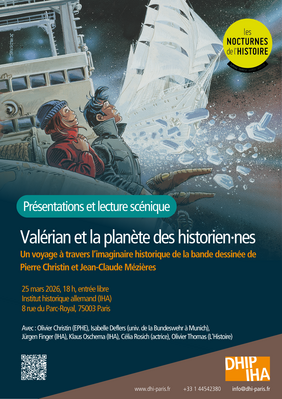 Plakat zur Veranstaltung mit Auszug aus dem Comic „Valérian“. Zwei Menschen und zwei Außerirdische stehen auf einem Balkon im Weltraum und betrachten ein weißes Segelboot, das am Himmel schwebt.